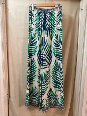 Free market Tropical Palm Print Wide Leg Pants Blue Green Rayon Resort Medium